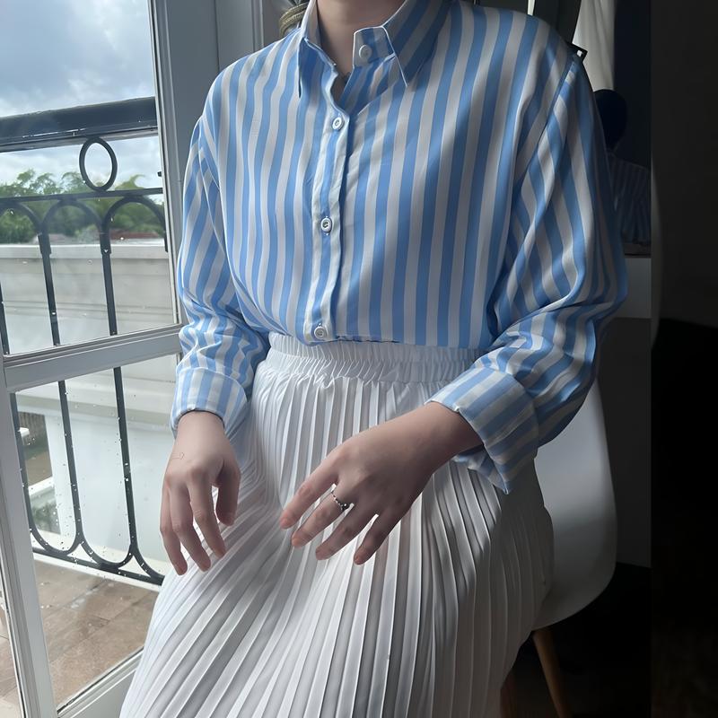 OGM - Outfit Kemeja Wanita Motif Salur Stripe Poly Rayon Nyaman Kekinian 7
