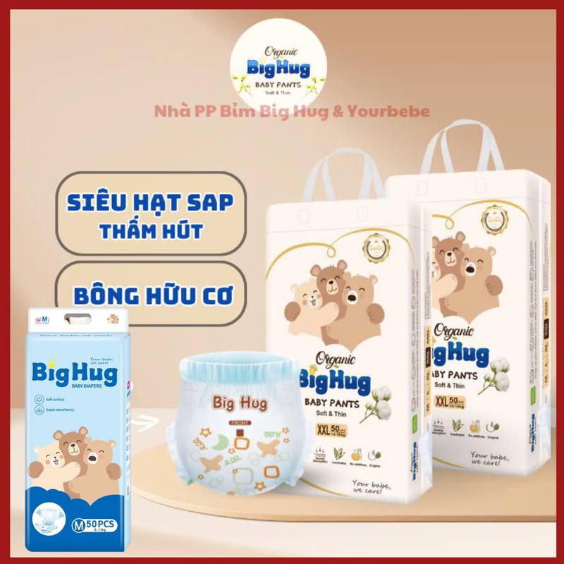 BIG HUG: Combo 2 bịch BIGHUG 100 miếng bỉm quần / Tã dán . Form bo . Chun Đệm mây. Mềm mỏng 2mm . Thấm hút 500ml-800ml .Hàng Đủ size từ M