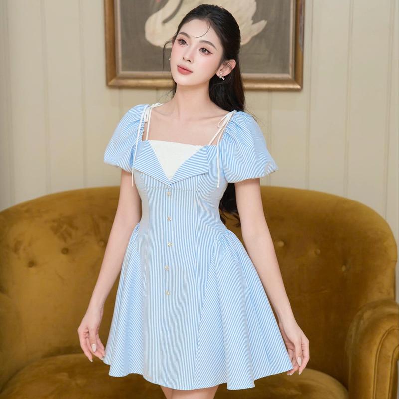 Váy TK sọc xanh phối trắng lá ngực-VN16-T4-25 váy nữ nhẹ nhàng, váy tiểu thư xinh, váy xinh sang chảnh - ZAMY SHOP