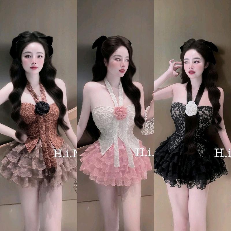 Set áo ren dây yếm hoa ngực kèm chân váy ren tầng xoè nâu tây, hồng pastel, đen, set đồ nữ đẹp đi chơi, set đồ hot trend sang chảnh đi tiệc