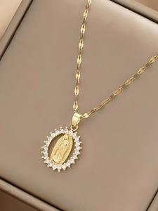 Collar con Colgante de Virgen María Calado y Elegante con Pedrería, Gargantilla Versátil y Estilosa para Uso Diario y Fiestas, Regalo Perfecto para Cumpleaños y Festividades