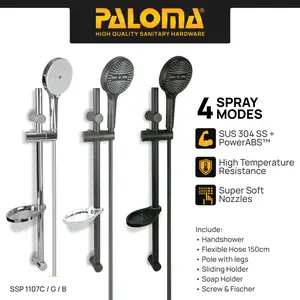 PALOMA SSP 1107 Shower Set Tiang Handshower Mandi Hand Shower Head Kepala Shower Genggam Pole Bar 4 Mode Paket ABS Chrome Gunmetal Gun Metal Grey Black Gold Silver Abu Hitam Emas SSP 1107CP SSP 1107MB SSP 1107GM SSP 1107SG