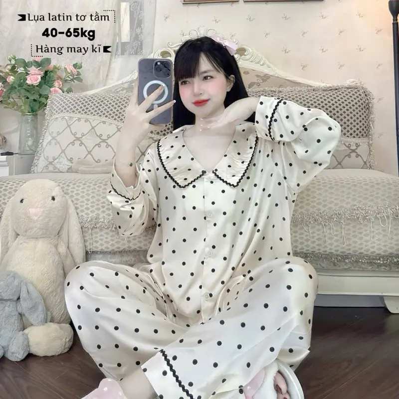 Bộ đồ ngủ nữ tay dài lụa latin tay dài kiểu pyjama freesize 40-60kg