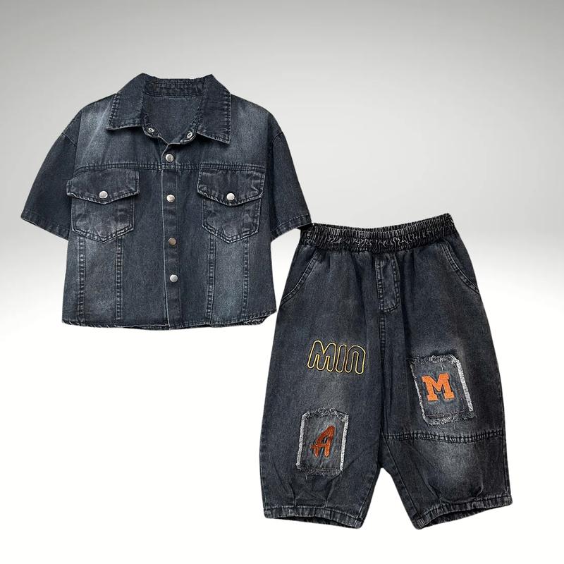 Set Jean Ngố B3 Áo Cổ Đức Khuy Bấm Quần Ngố Bom Thêu Đắp Thời Trang Dành Cho Nữ Chất Jean Mềm 2 Màu Đen Khói & Xanh Rêu Có Đủ Size