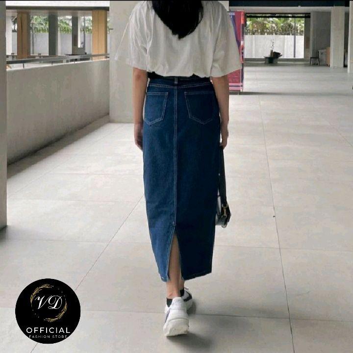 Rok Jeans Highwaist A- Line panjang 7/8 - Basic Skrit Jeans 780 || Rok Jeans Wanita Korean Style cantik 5