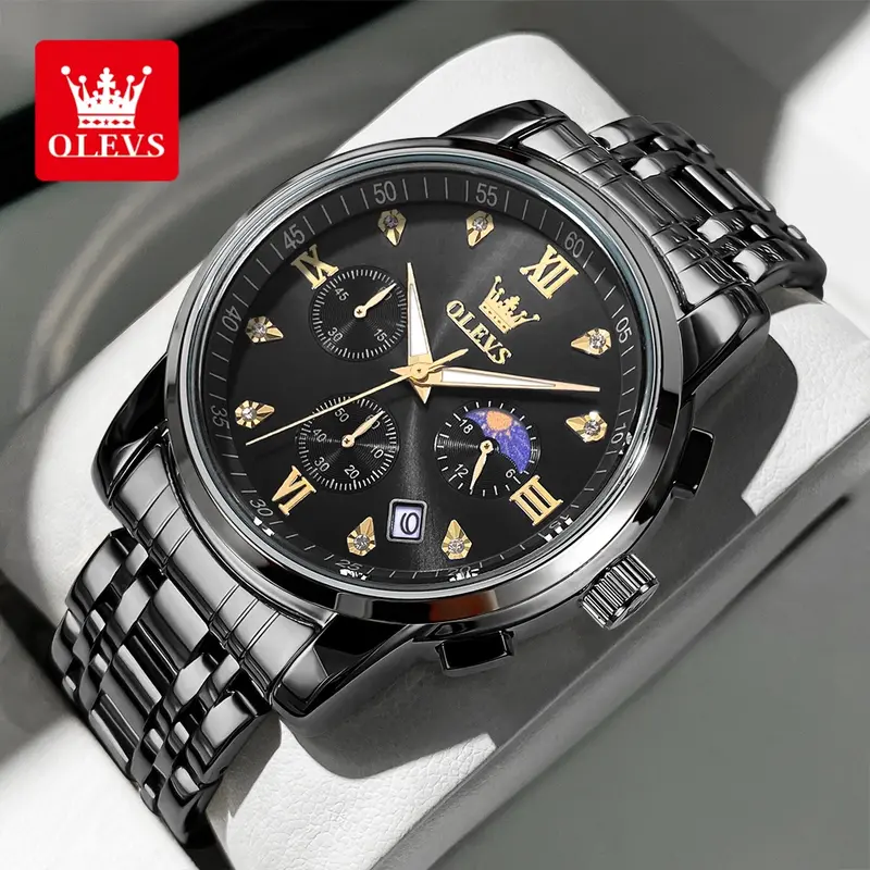 OLEVS men's stainless steel chronograph watch, large face gold silver black tone easy to read analog quartz watch, luxurious waterproof date diamond Roman Arabic numeral dial formal watch 5