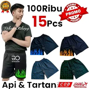 Rehan Olshop 100 Ribuan 15pcs Celana Pendek Olahraga Motif Api Anak Remaja & Dewasa Santai Kolor Pria Sport Nyaman Cepat Kering Berpori Uniseks Pria Wanita Set Boxer Biru Kain Melar Distro Kotak Panjang Shorts Hijau Merah Putih