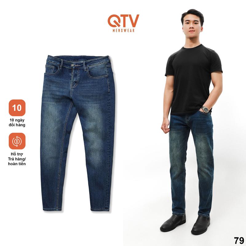 QTV2 Quần jean nam co giãn màu xanh dương wash trắng thời trang trước và sau quần rin form ống slimfit_Q79 Pants Menswear Có Túi Cotton Denim