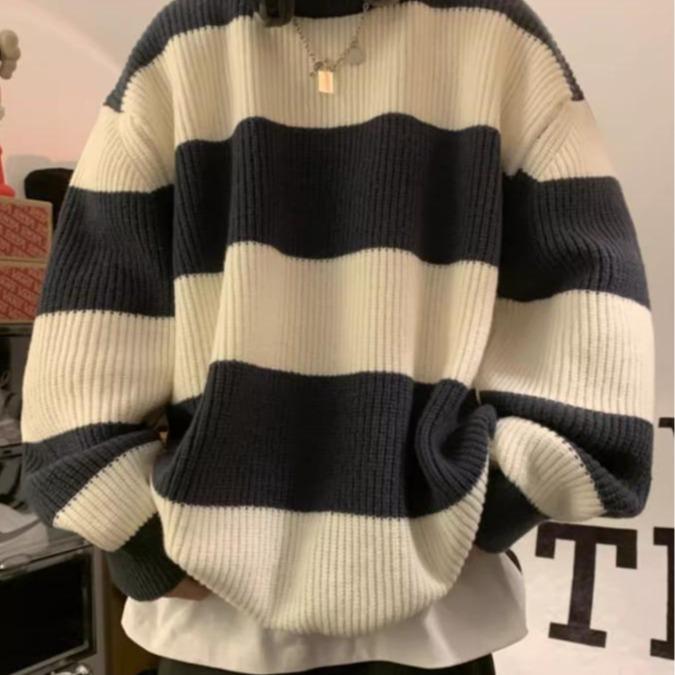 Menswear ,Áo Len Cổ Tròn Kẻ Sọc Cho Nam, Shirt , Áo Len Dệt Kim, Áo Len Có Lớp Lót,Thời Trang Dạo Phố Phong Cách Hàn Quốc, Ngầu, Đẹp Trai,  Áo Thun Dài Tay Cá Tính，Thu Đông Màu Đen 7