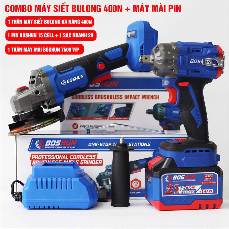 [3M] COMBO MÁY SIẾT BULONG PIN BOSHUN BS-IW400N+ MÁY MÀI PIN BOSHUN BS-AG7500BL, KHÔNG CHỔI THAN, PIN 15CELL