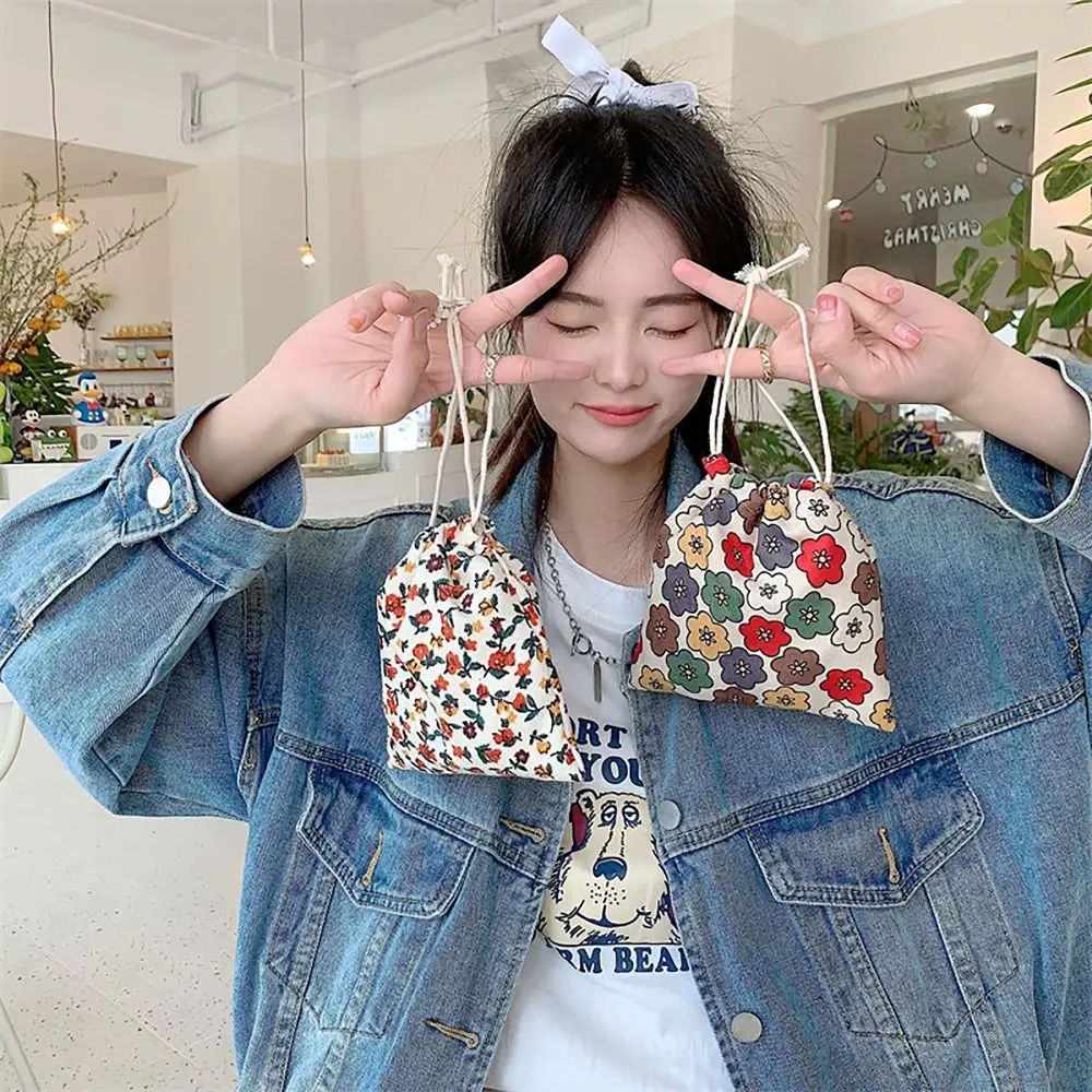 Portable Polyester Printed Linen Drawstring Bag Pastoral Literary Style Coin Purse Organizer Pouch Storage Bag Women Girls
