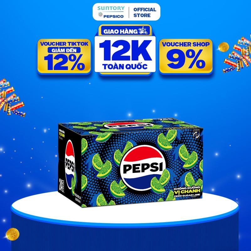 Thùng 24 Chai Nước Ngọt Giải Khát Có Gaz Pepsi Vị Chanh Không Calo Không Đường 390ml chai