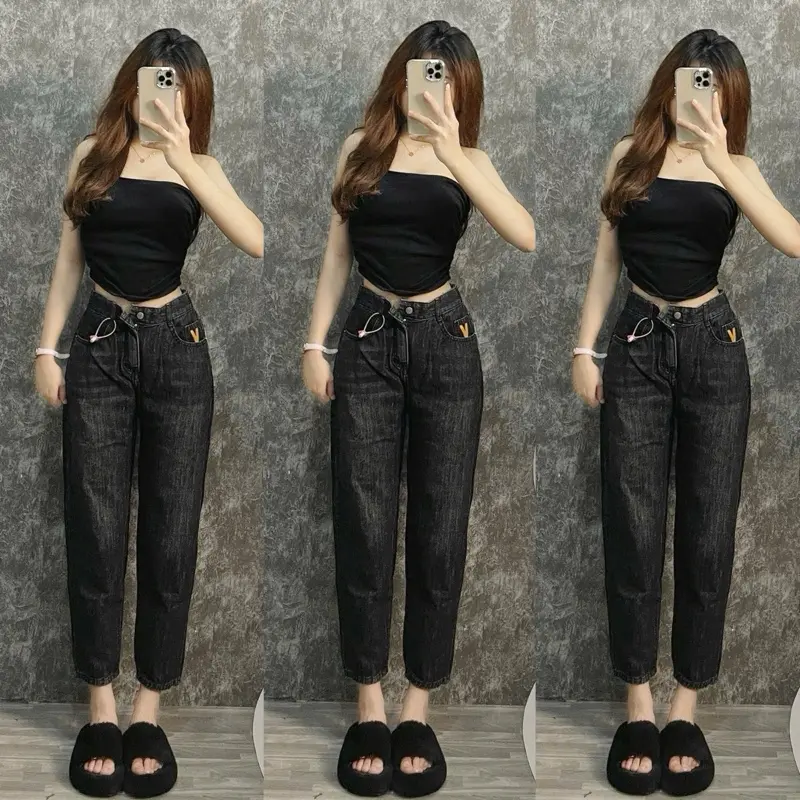 [Có bigsize] [030- 042] Quần Baggy Jeans Nữ QC Túi Kiểu Không Co Dãn Màu Đen Tiêu Pants Women 1