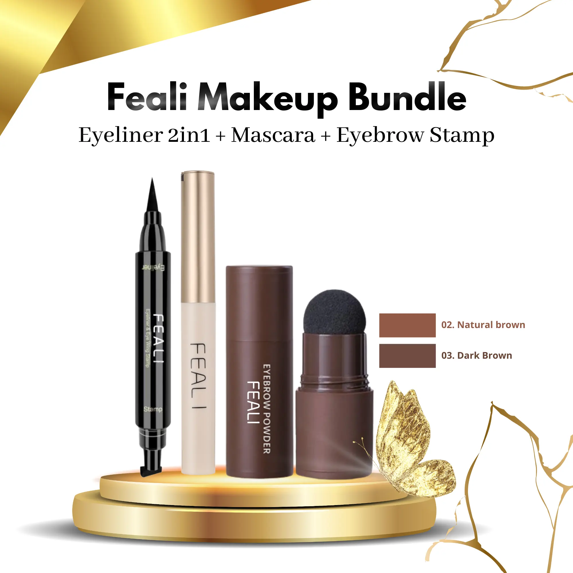 FEALI Paket Bundle [3 PCS] Make Up On Point Best Seller - (Eyebrow Powder, Eyeliner Stamp 2in1 Small,Mascara Waterproof Long Lasting)