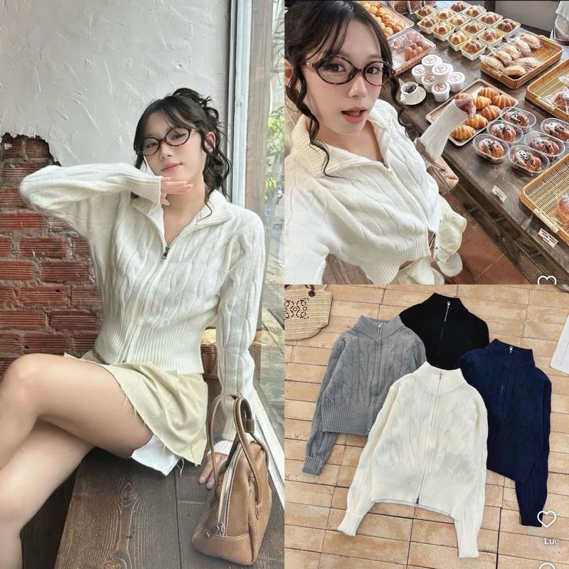 Áo khoác len nữ khóa kéo 2 đầu len vặn thừng hình thêu croptop cổ cao SUMIISHOP mã QC102