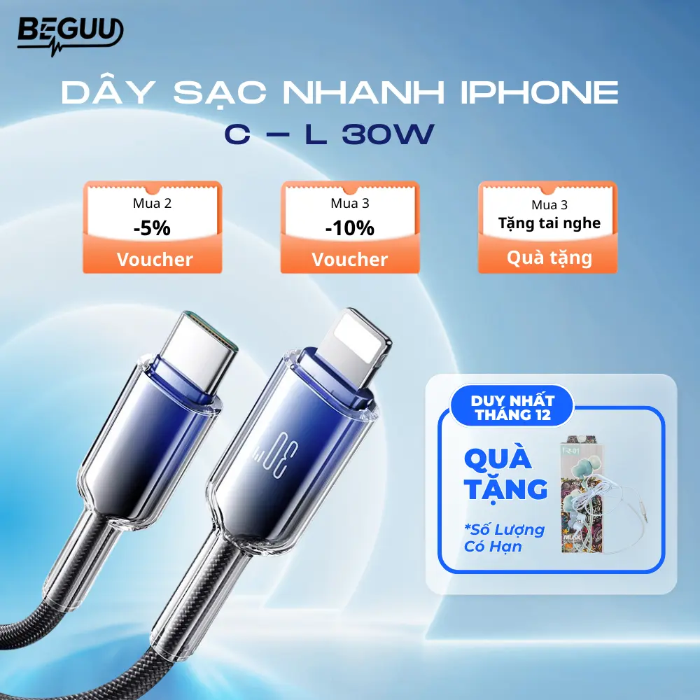Cáp Sạc Nhanh PD 30W Trong Suốt, Tích Hợp Chíp Bảo Vệ Chống Nóng, Bền Gấp 3 Lần, Sạc Nhanh iPhone 6-14, 3 Lớp Bảo Vệ