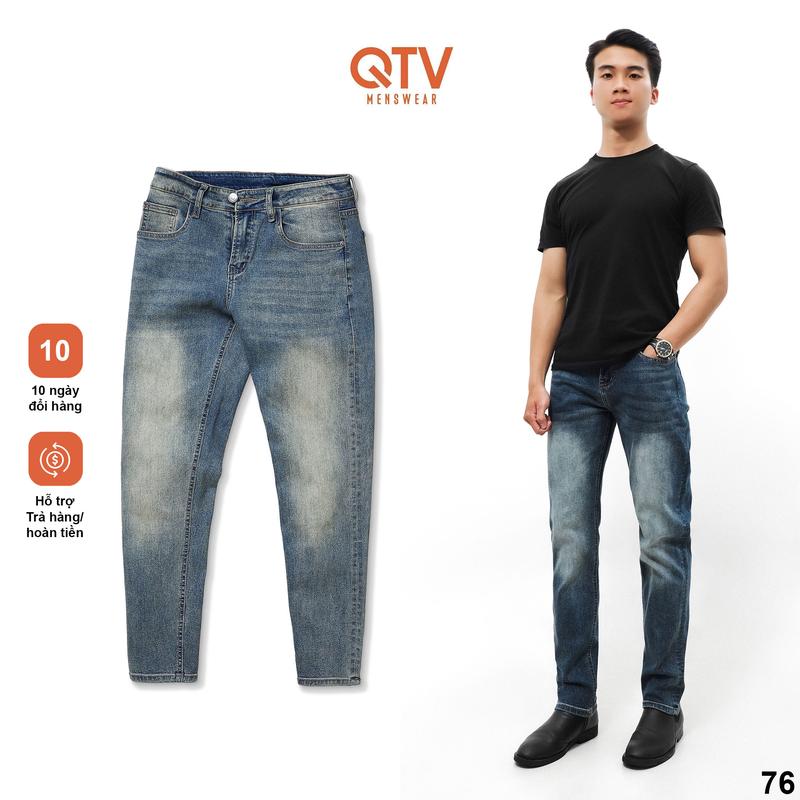 [QTV2] Quần jean nam co giãn, màu xanh basic wash trắng phủ dơ, quần rin form ống slimfit_Q76 Pants Menswear Có Túi Cotton Denim
