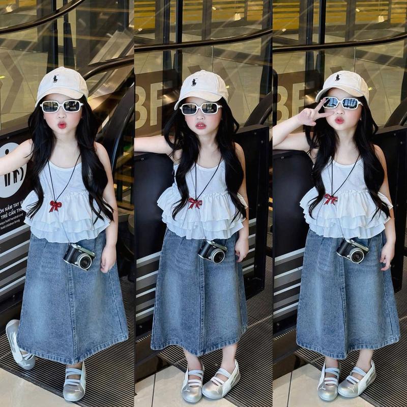 Set Bộ đồ chân váy Jean kết hợp áo 2 dây nhiều tầng cho bé từ 1 tuổi đến 7 tuổi