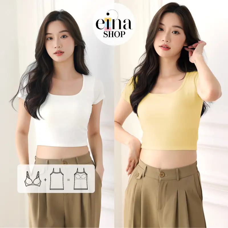Einashop Carmen Bra Padded Cropped Square neck T-shirt SG Ship Fitted Crop top women
