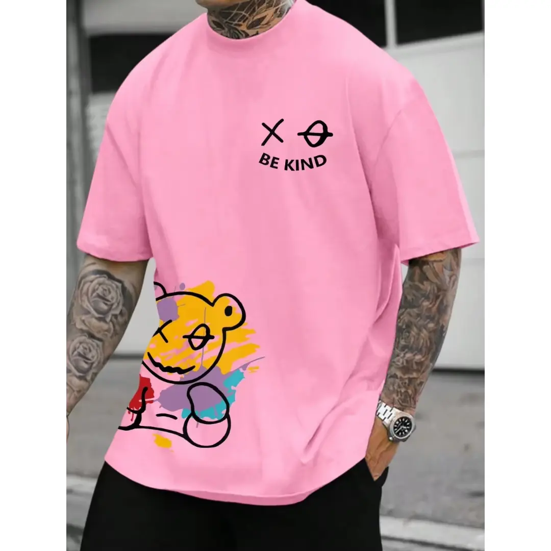 Kaos Pria Distro Logo Bear Bawah Warna Pink Katun 24s Tebal - Combed