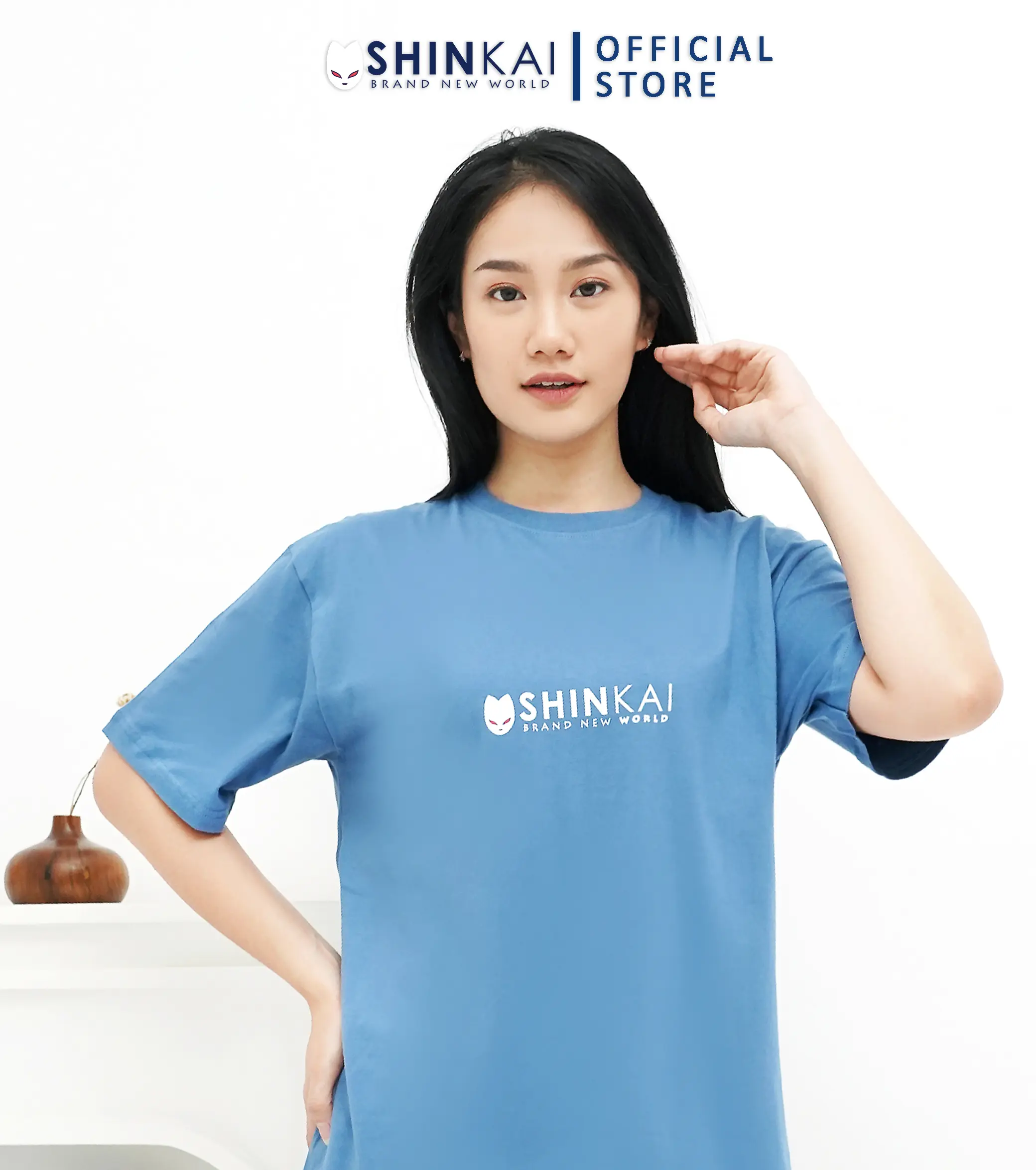 Kaos Polos Shinkai Basic Logo Blue Sky - Baju Distro Japan Cotton Combed 20s - Oversize, Wanita