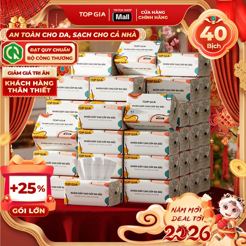   ĐẶC BIỆT - COMBO LỚN  Thùng 30 TẶNG 10 Gói Giấy Ăn TopGia Đa Sắc Giấy Ăn Cao Cấp Dập Vân 4D 4 Lớp Dai Mềm Mịn Khăn Giấy Giấy Vệ Sinh Khăn Giấy Gia Đình Đa Năng. ĐẠT QUY CHUẨN CỦA BỘ CÔNG THƯƠNG.  VH1  