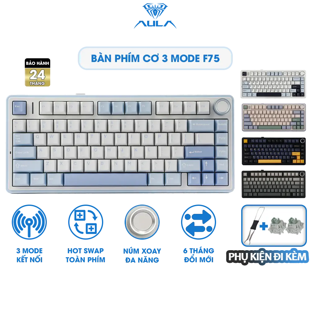 Bàn Phím Cơ 3 Mode 75% AULA F75 Không Dây Hotswap Kết Nối Bluetooth USB 2.4G Có Núm Vặn Đa Năng Chính Hãng