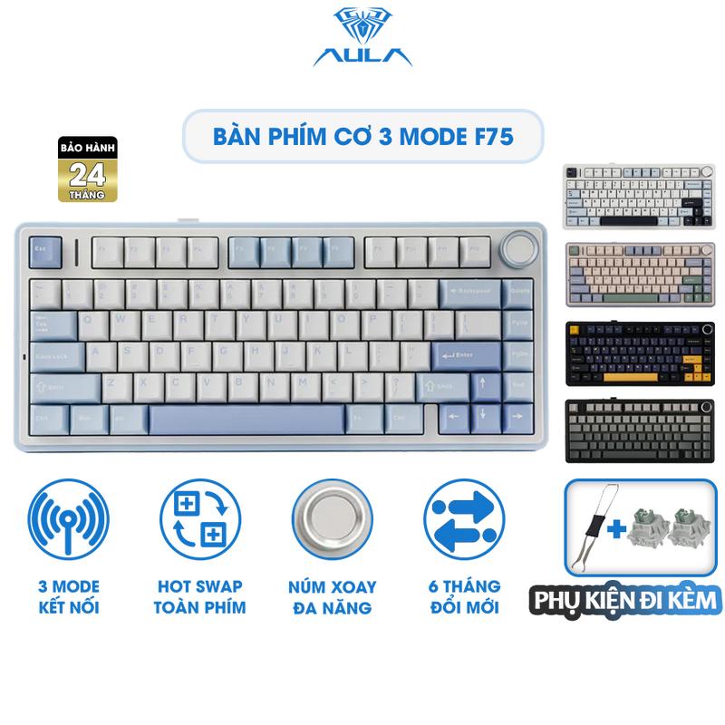 Bàn Phím Cơ 3 Mode 75% AULA F75 Không Dây Hotswap Kết Nối Bluetooth USB 2.4G Có Núm Vặn Đa Năng Chính Hãng