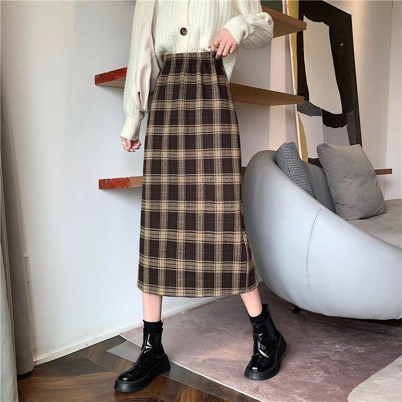 Chân váy midi kẻ sọc mới Chân váy chữ A cổ điển cạp cao cho nữ Chân váy dài E62 Women 6