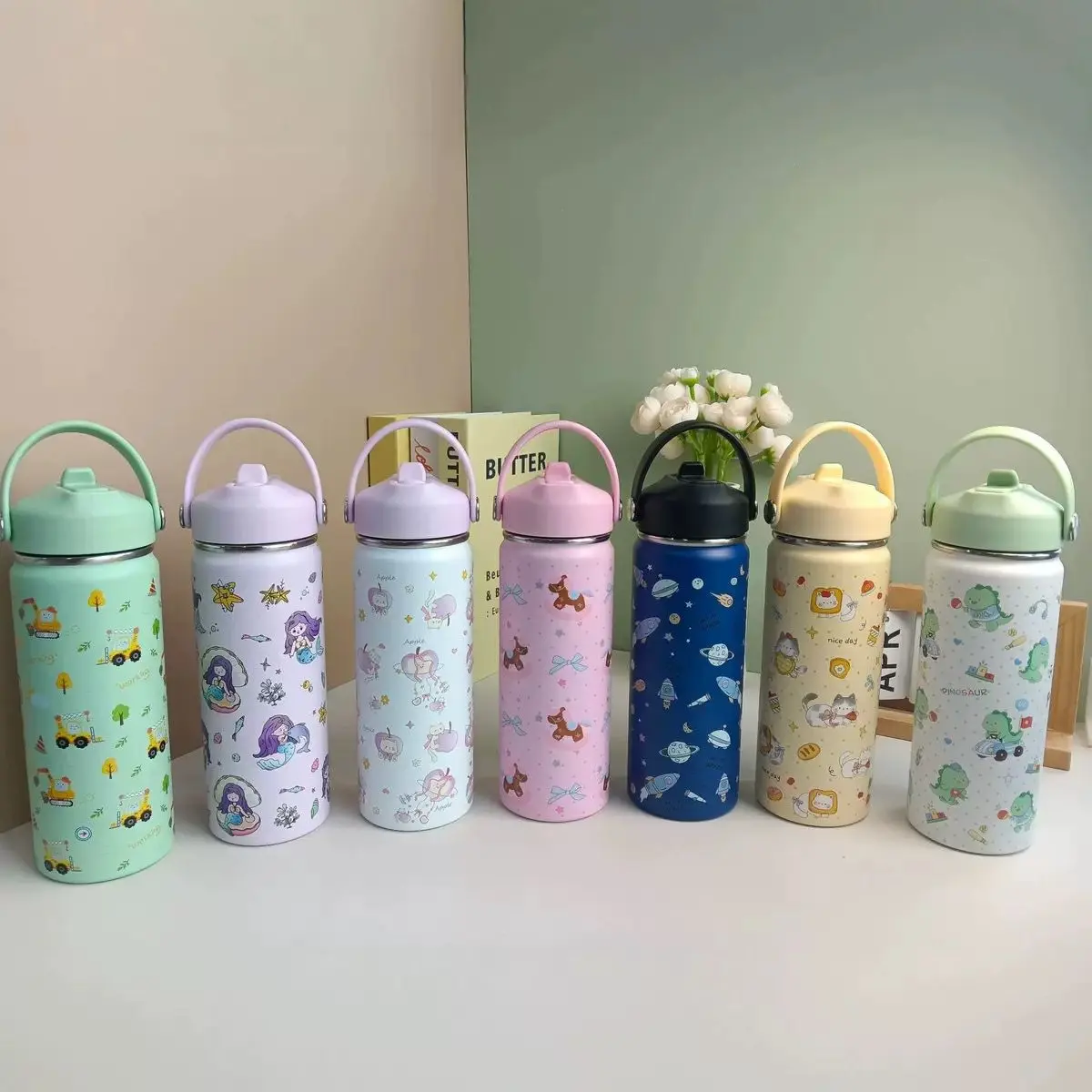 [Mskshop] Tumbler Flip Straw Termos Karakter 600ml Kids Insulated Bottle 18 Jam Tahan Panas Dingin Anti Tumpah