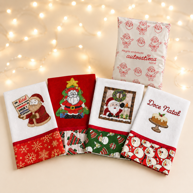 Kit 4 Panos de Prato Natal Bordado 100% Algodão Pé de Galinha