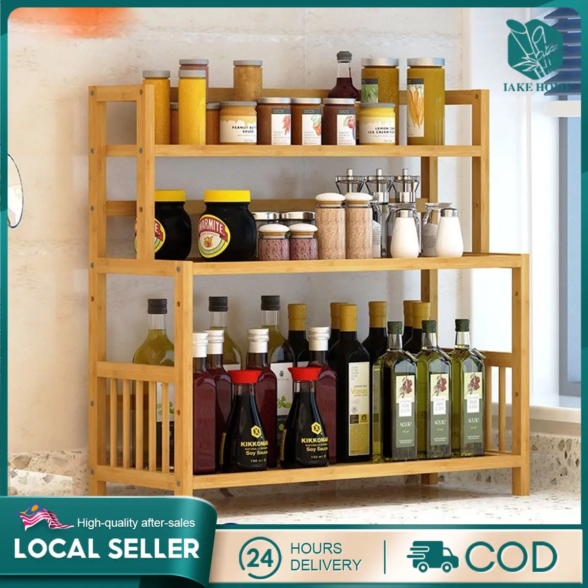 Rak Rempah Bambu Eco-Friendly - 3 Tier Kitchen Organizer Adjustable | Rak Dapur Storage Tahan Lama, Space Saving & Mudah Dibersihkan