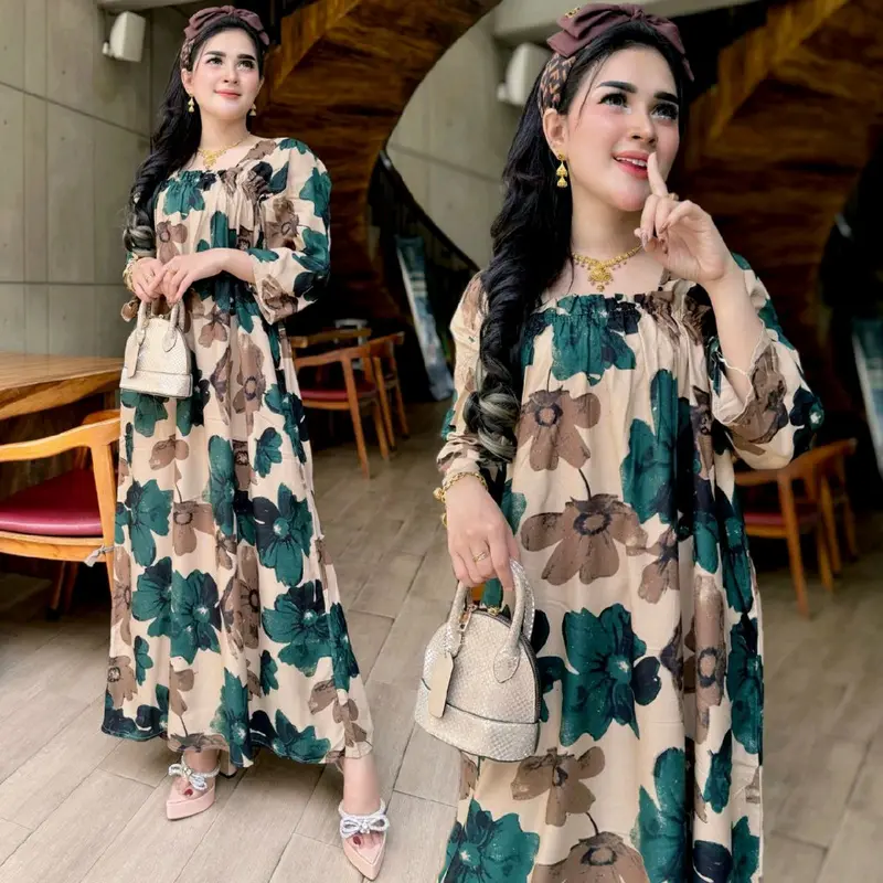Longdres fuji daster panjang motif bunga cantik kekinian Tebal Rayon Karet Wanita 0