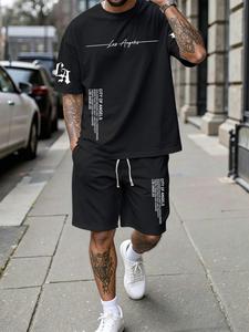 メンズ2点セット ラウンドネック半袖Tシャツと巾着型ウエストのショートパンツ、カジュアルなストリートウェア、日常のおでかけに最適