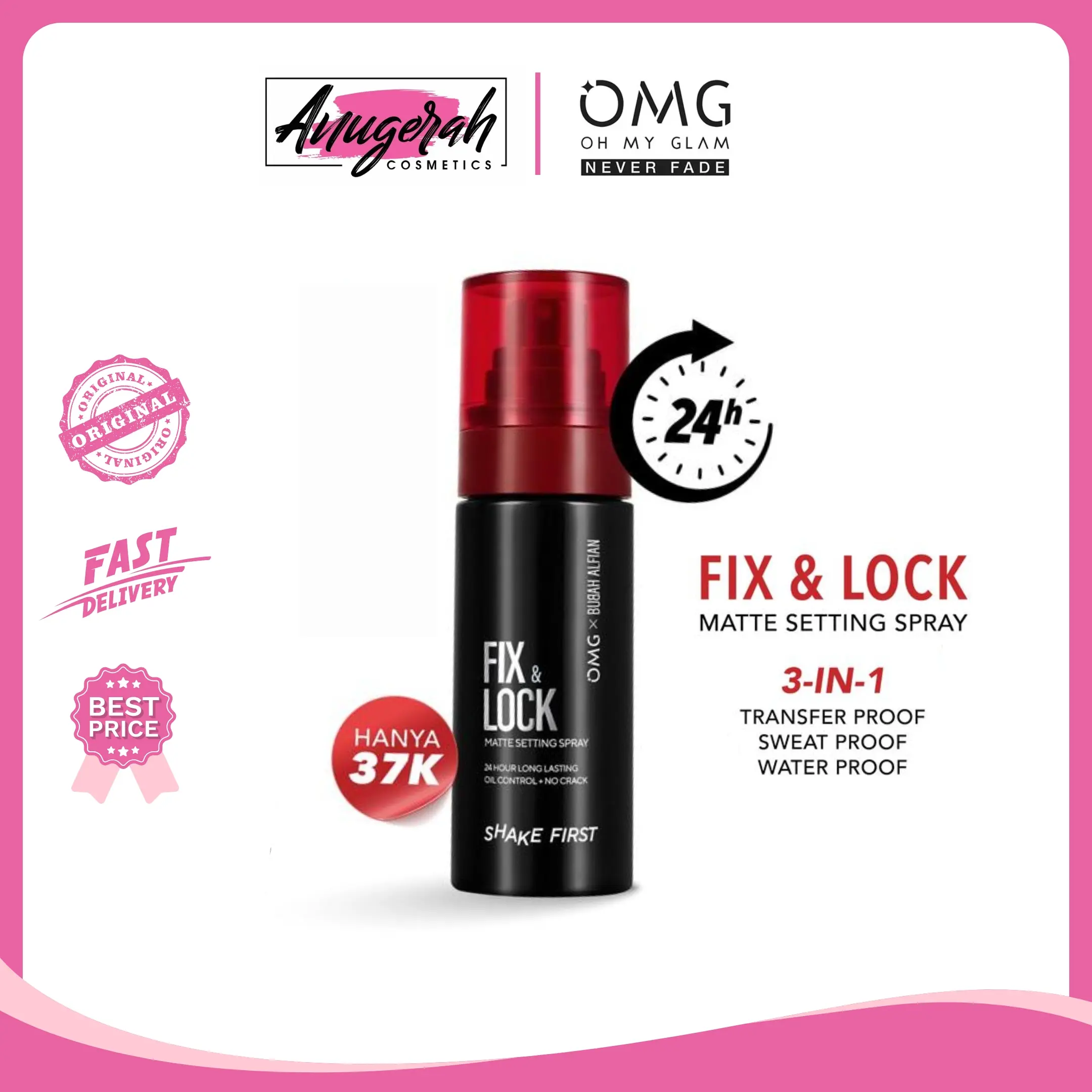 OMG OH MY GLAM Fix & Lock Matte Setting Spray 60 ml - 24 Jam Makeup Anti-Longsor dengan Niacinamide & HACica Complex untuk Kulit Nyaman dan Tidak Kering