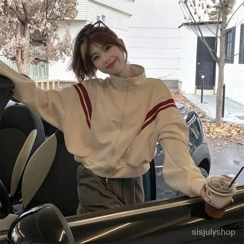Floryn Stripe Jaket Ziper Crop Wanita Oversize - Sweater Jaket Kekinian Fashion Outfit Ootd Korean Style Fleece Lembut Nyaman Sablon