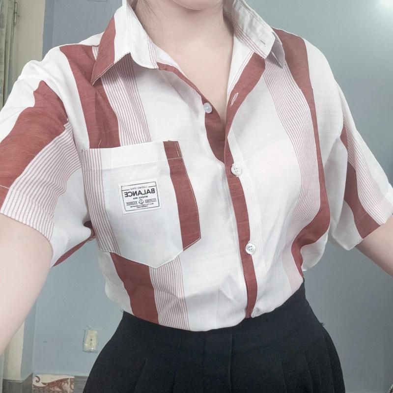 Áo Sơ Mi Nữ Tay Ngắn Phom rộng họa tiết nơ chất cotton, AMI72