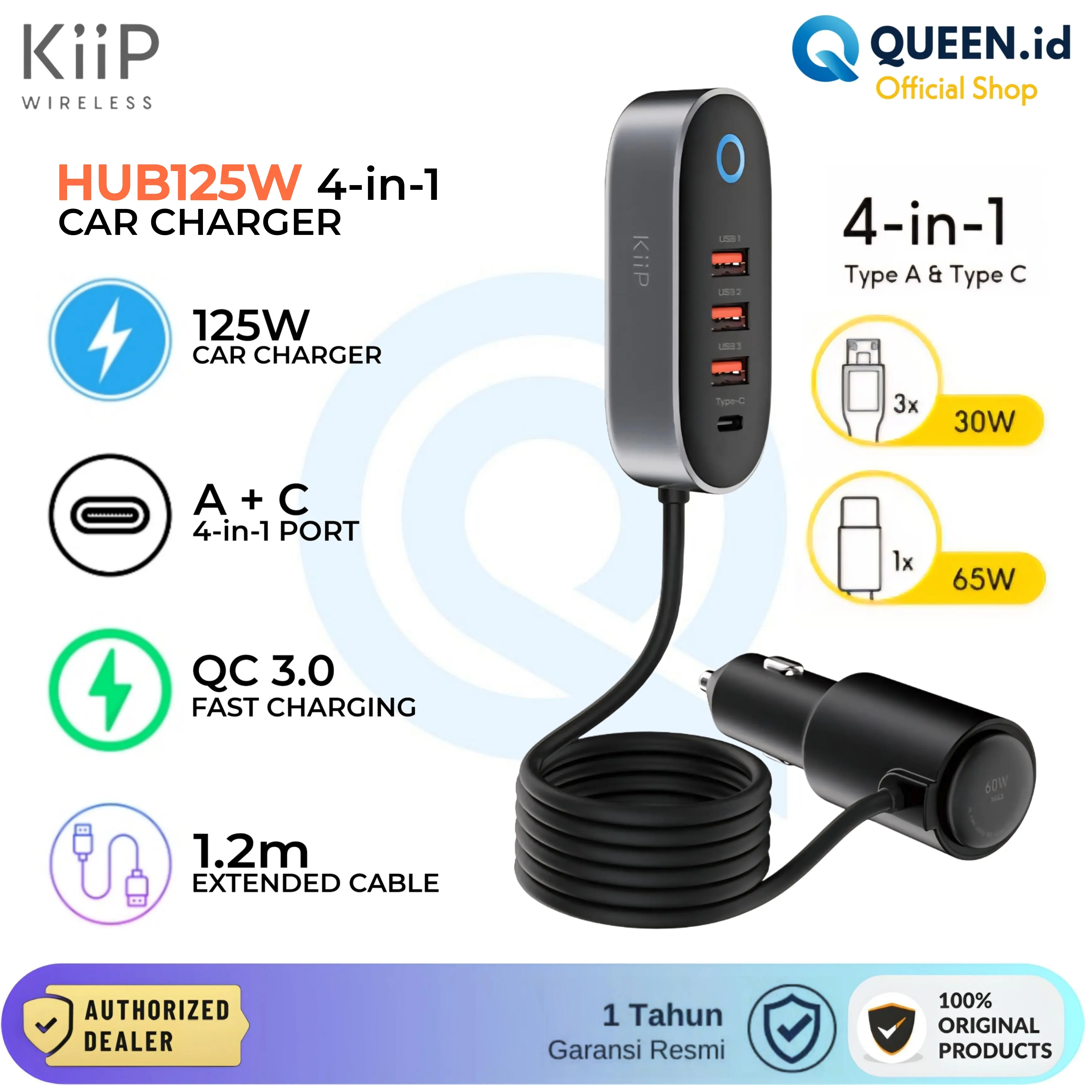 KIIP HUB125W Car Charger Mobil 4 Port HUB USB TYPE C 125W Fast Charging Lighter External Port
