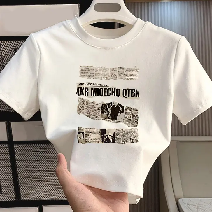 YIYOYI  O075 T-shirt Crop Top Tebal  Lengan Pendek Baju Kaos Crop Wanita | Pola jalan raya retro | Baju Atasan Wanita Terbaru Croptee Hitam Korea