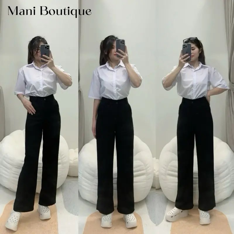 Quần Ống Suông Nữ Cạp Cao Đi Học Làm Chơi Dáng Dài Quần Tây Ống Rộng Nữ Lưng Cao 1 Khuy Vải Đen Dày QD606