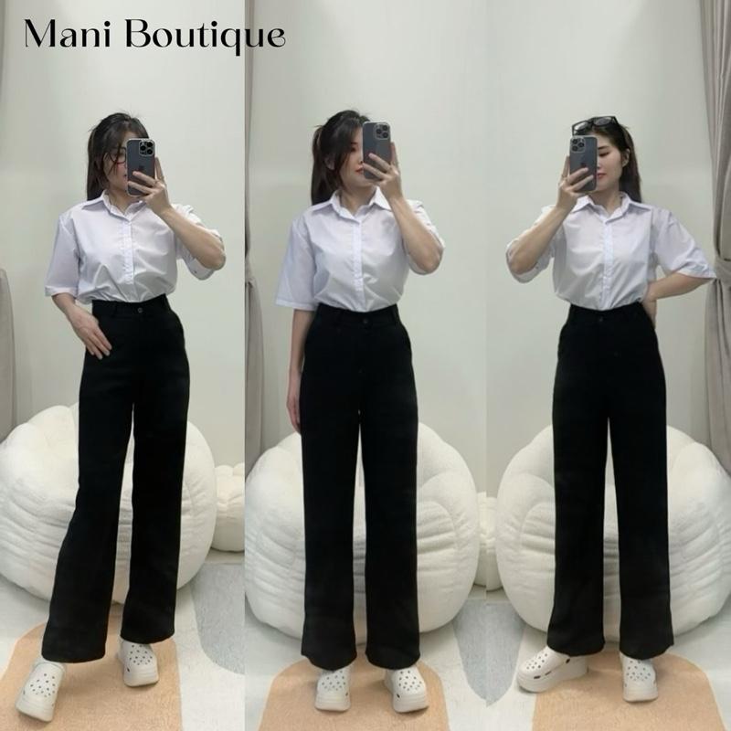 Quần ống suông nữ cạp cao đi học làm chơi du lịch biển dáng dài quần tây ống rộng nữ lưng cao 1 khuy vải đen dày đáy cao Women Pants Ong Kem Voan