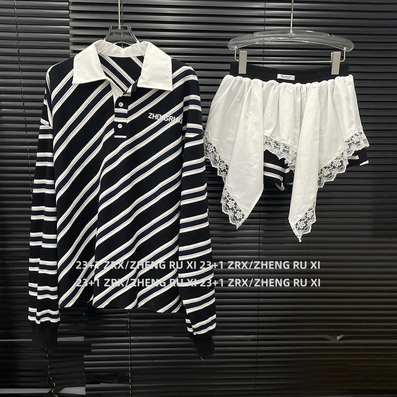 Bộ Thời Trang Sọc Chéo Cho Nữ Áo Thun Polo Độc Đáo Váy Bất Đối Xứng Hai Mảnh 15071