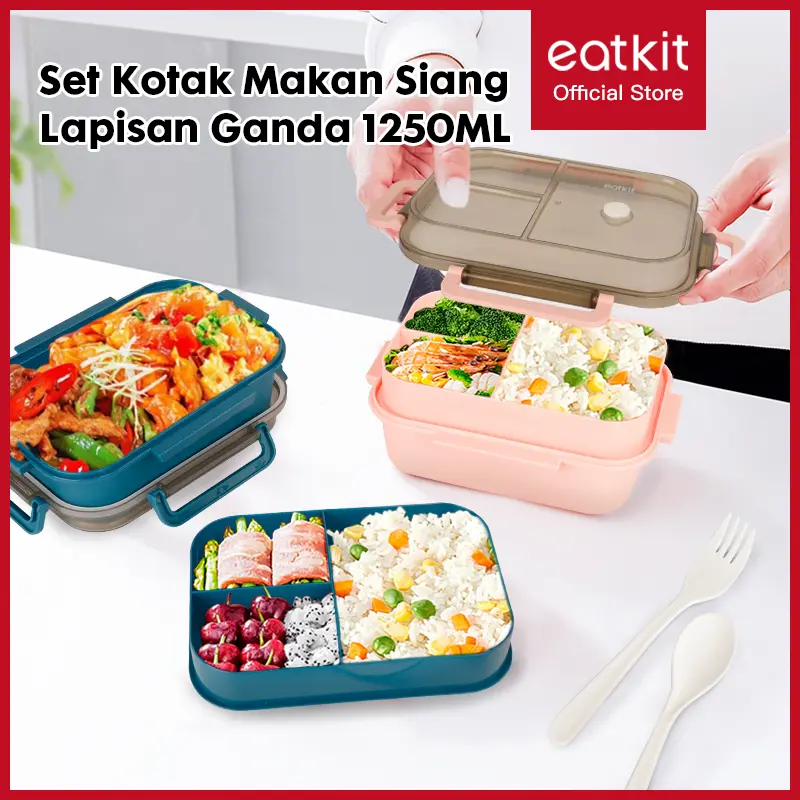 Eatkit Set Tempat Makan 2 Tingkat 3 Sekat Anti Tumpah Eatkit I Lunch Box Susun dengan Sendok Garpu I Bpa Free Kitchenware - Hijau kotak 0
