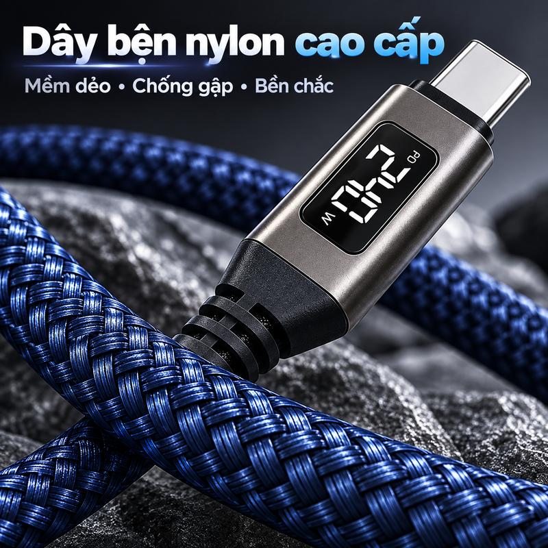 Dây sạc nhanh 240W bằng hợp kim kẽm, cổng C-to-C, màn hình hiển thị số, tương thích với 18 mẫu điện thoại, hỗ trợ sạc nhanh, hai đầu Type-C phu tien kien dang