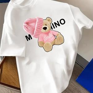 女性用半袖Tシャツ、高級トレンド英語帽子小熊丸首、ゆったり、純綿カジュアルトップス、丸首、ショルダーベルト、ゆったりシルエット、通気性、肩落ちデザインプリントTシャツ夏のゆったりタイプ