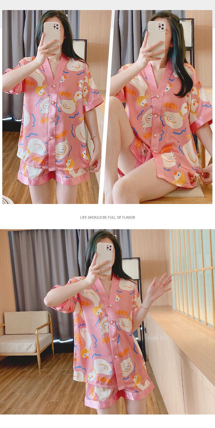 Product Introduction of Women's Pajamas 2022 New Summer Thin Ice Silk Cardigan Camellia Set Short Sleeve Cartoon Princess Style Loungewear 13