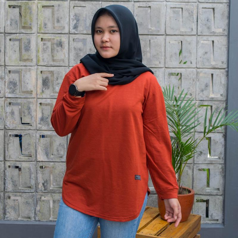Kaos Polos Wanita Lengan Panjang - RIB Bawah Oval Terkini Sablon Atasan Baju Basic Top Variasi Tangan Oblong Oversize Muslim kaos  lengan  panjang  oval 9