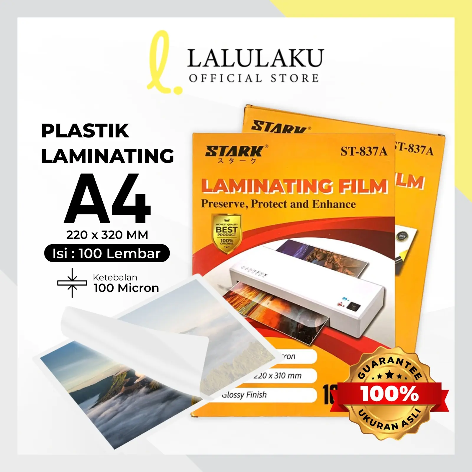 Plastik Laminating Film A4 Folio Stark 100 Micron / isi 100 Lembar 220 x 320mm / Per Pak