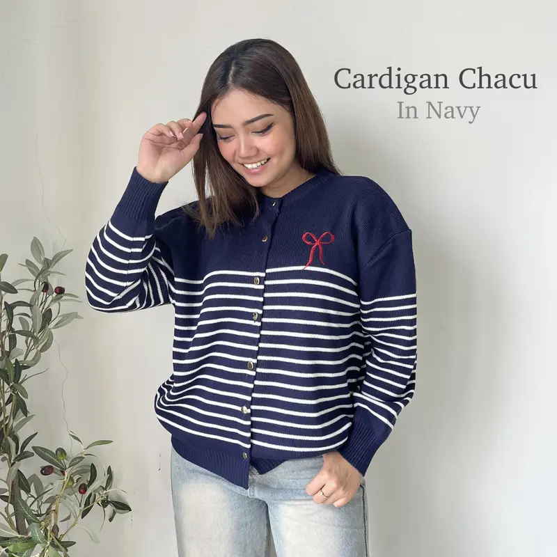 PLUMFIT Cardigan Rajut Motif Garis Variasi Pita Bordir CHACU 3