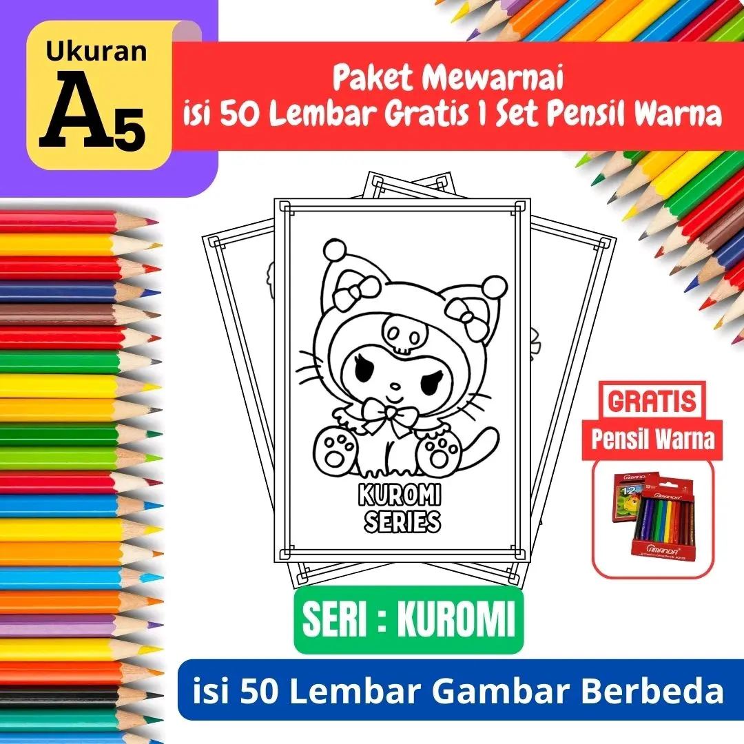 [ EDISI KUROMI ] Promo Termurah Paket Mewarnai Gambar isi 50 lembar Gratis 1 Set Pensil Warna - A5 Tebal - Edisi KUROMI